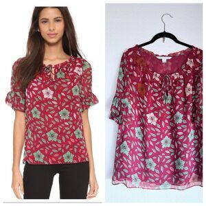 Diane von Furstenberg Jane 100% Silk Floral Ruffle Sleeve Tie Neck Blouse Sz 14
